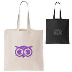 black and white tote bags with scoutwise logos printed on them