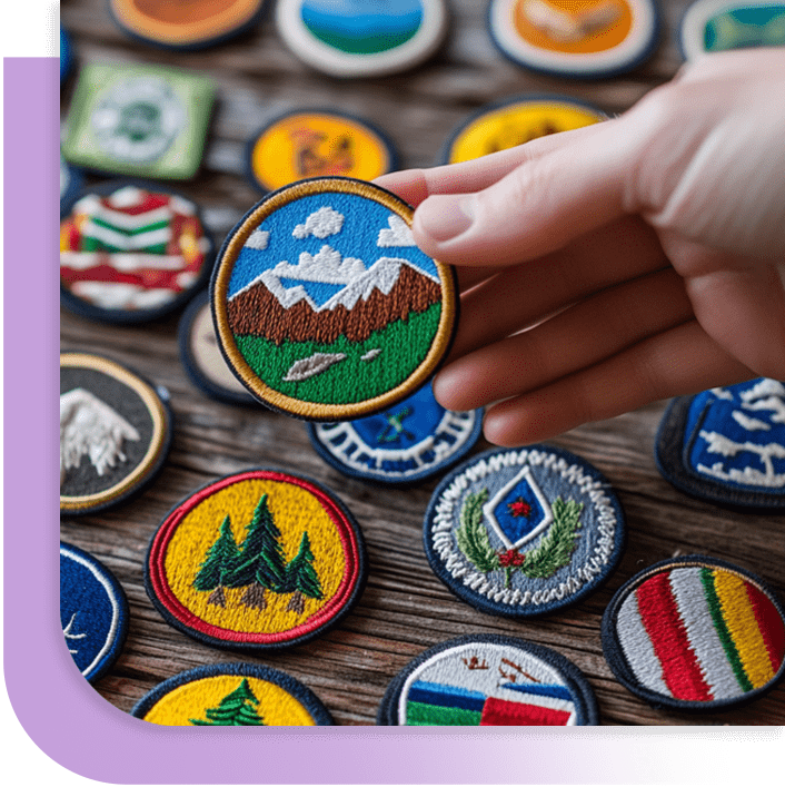 Custom embroidered badge held above scout uniform - Scoutwise